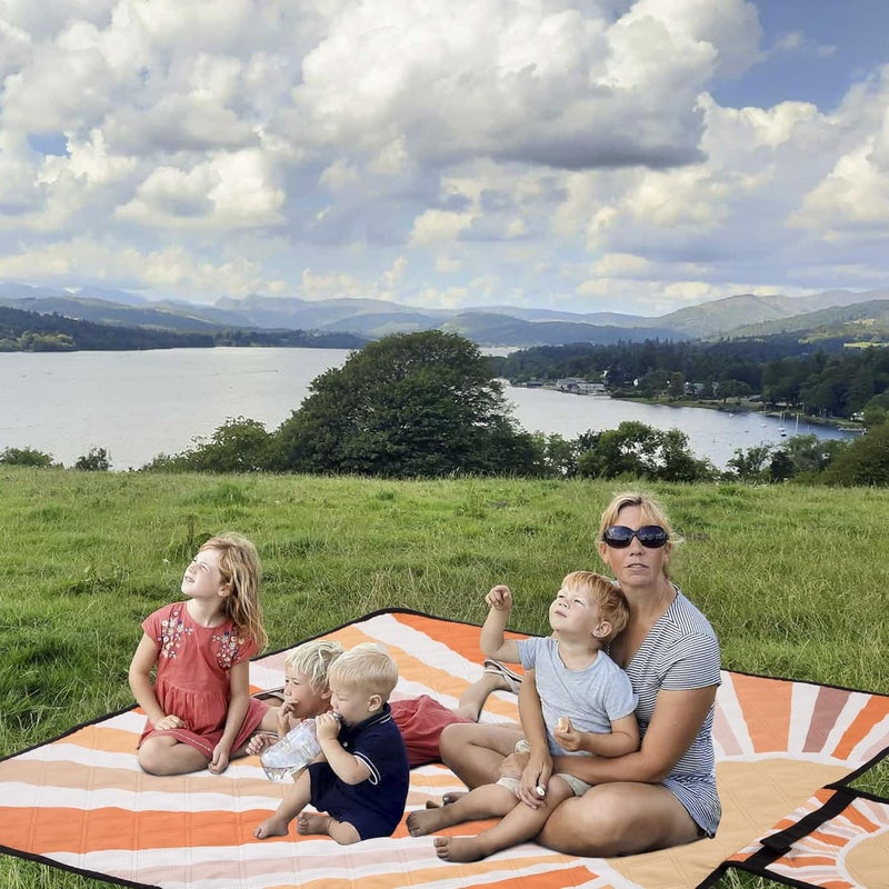 BEW Picnic Blankets Waterproof,79''x79'' Extra Large Foldable Sandproof Beach Blanket,Portable 3-Layer Polyester Outdoor Picnic Blanket for Grass Lawn,Beach,Family Camping,Park,Travel-Starburst Orange - Image 2